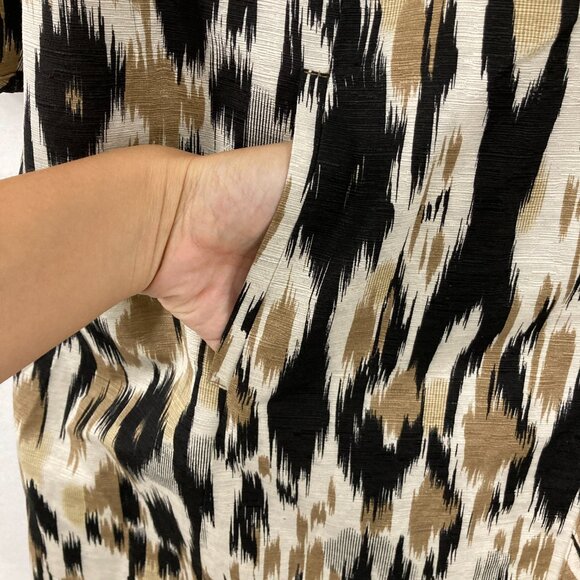 Silk Land size 1X Brown Black Abstract Silk 3/4 Sleeve Button Long Jacket - Picture 6 of 11